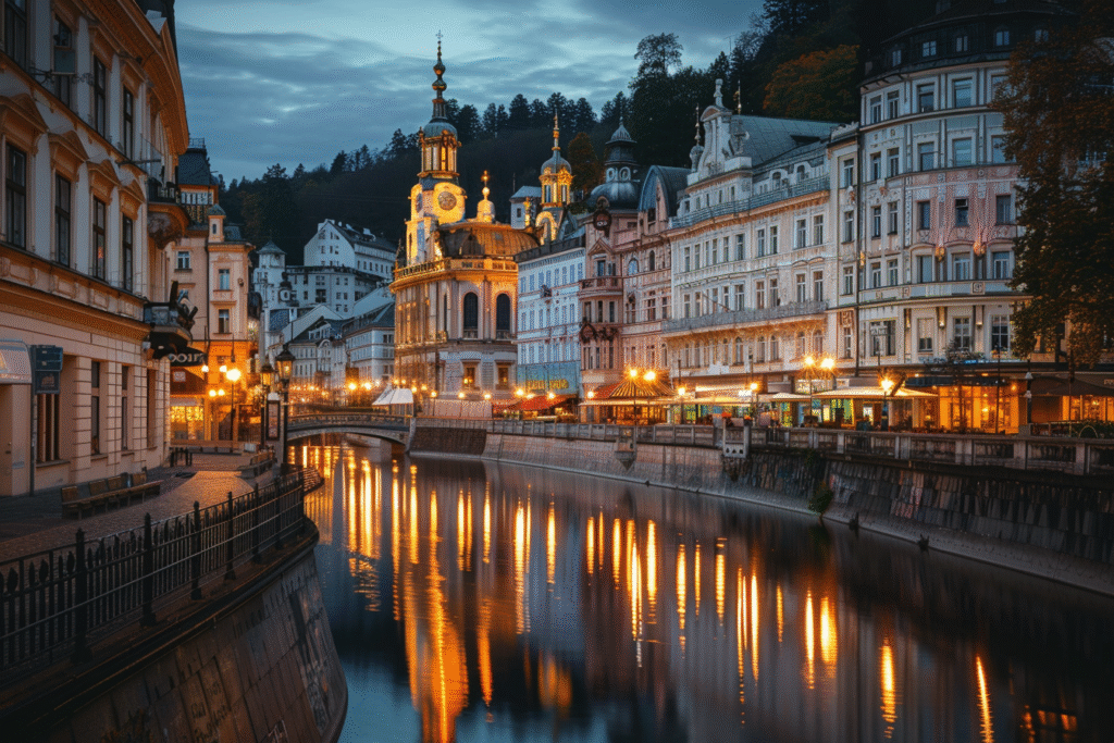 Karlovy Vary cultural landmarks with church and theater by the river at dusk