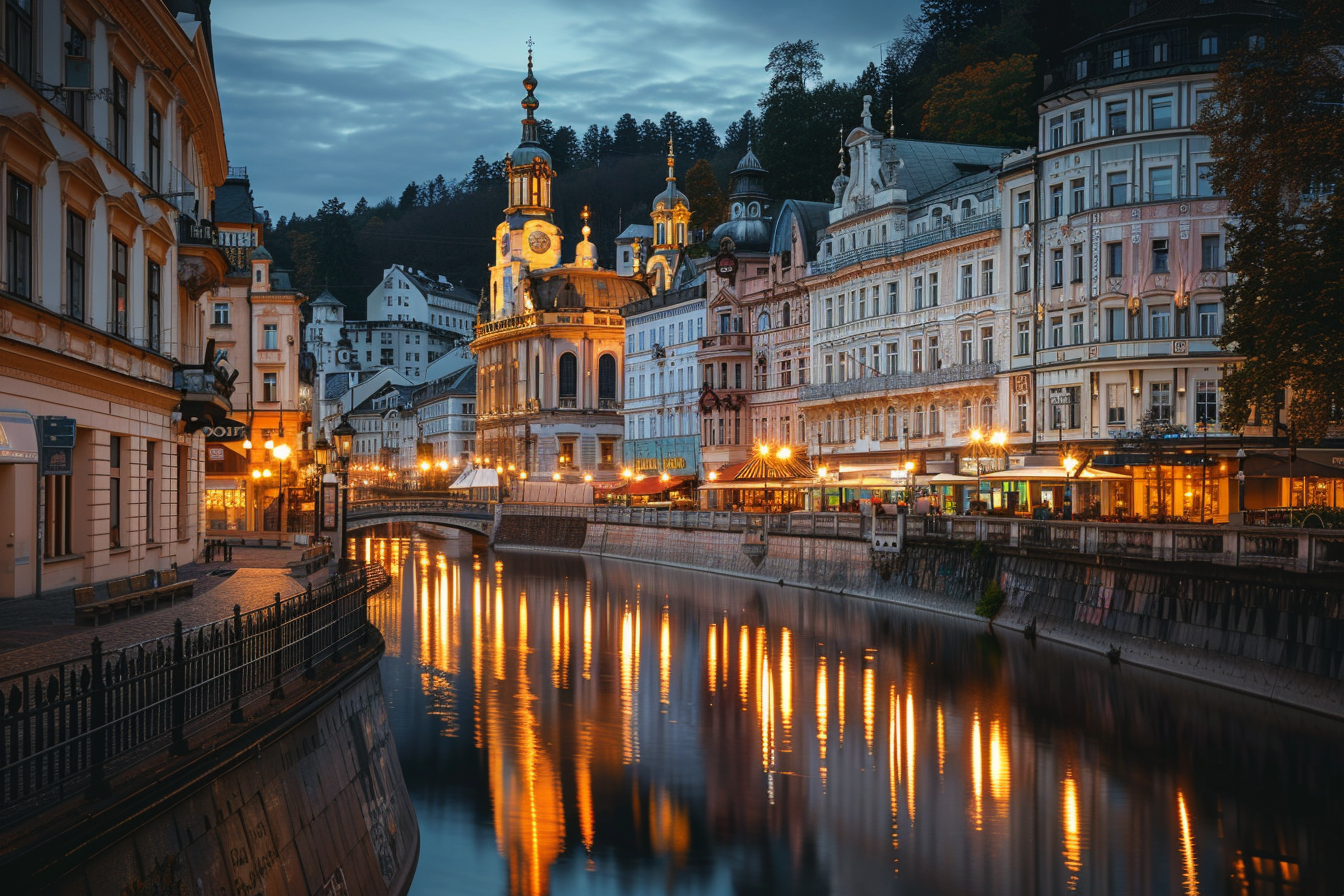 Karlovy Vary cultural landmarks with church and theater by the river at dusk