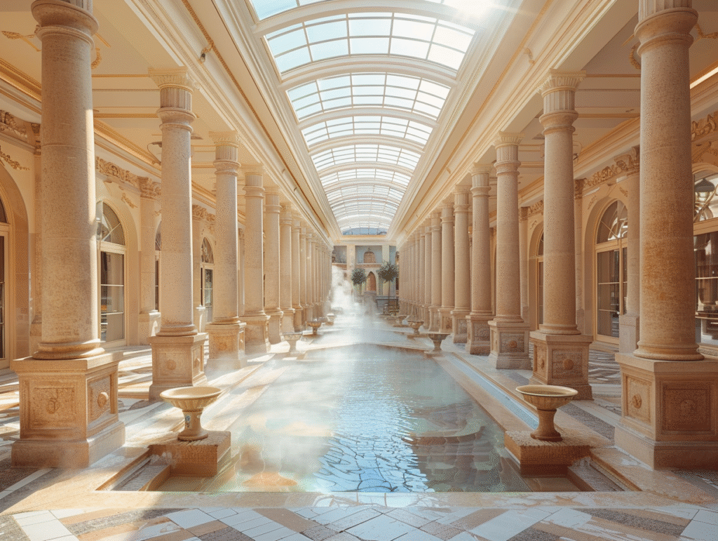 Karlovy Vary spa colonnade with steaming mineral springs and elegant architecture