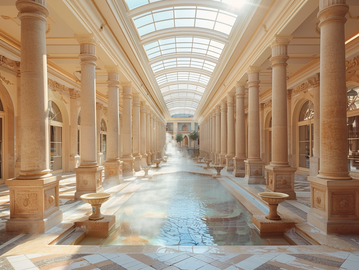 Karlovy Vary spa colonnade with steaming mineral springs and elegant architecture