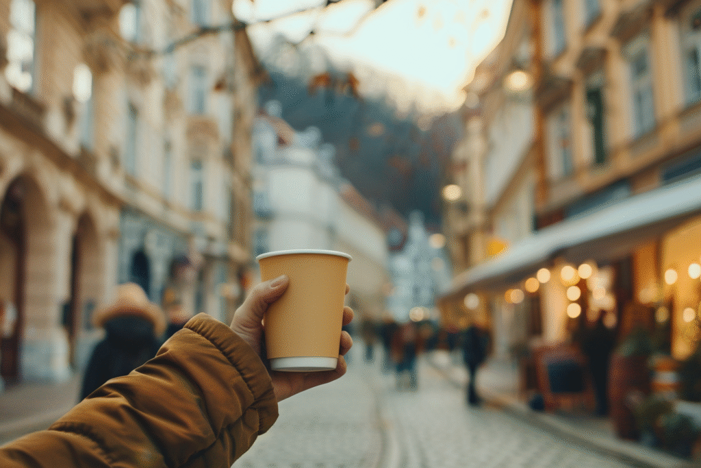 Traveler walking through Karlovy Vary historic streets with spa cup in hand