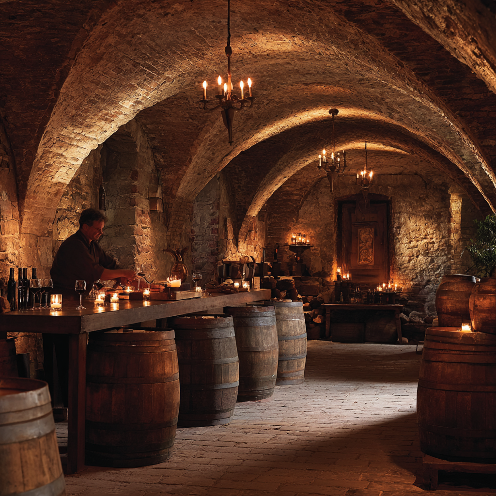 Historic Moravian wine cellar with barrels and tasting setting
