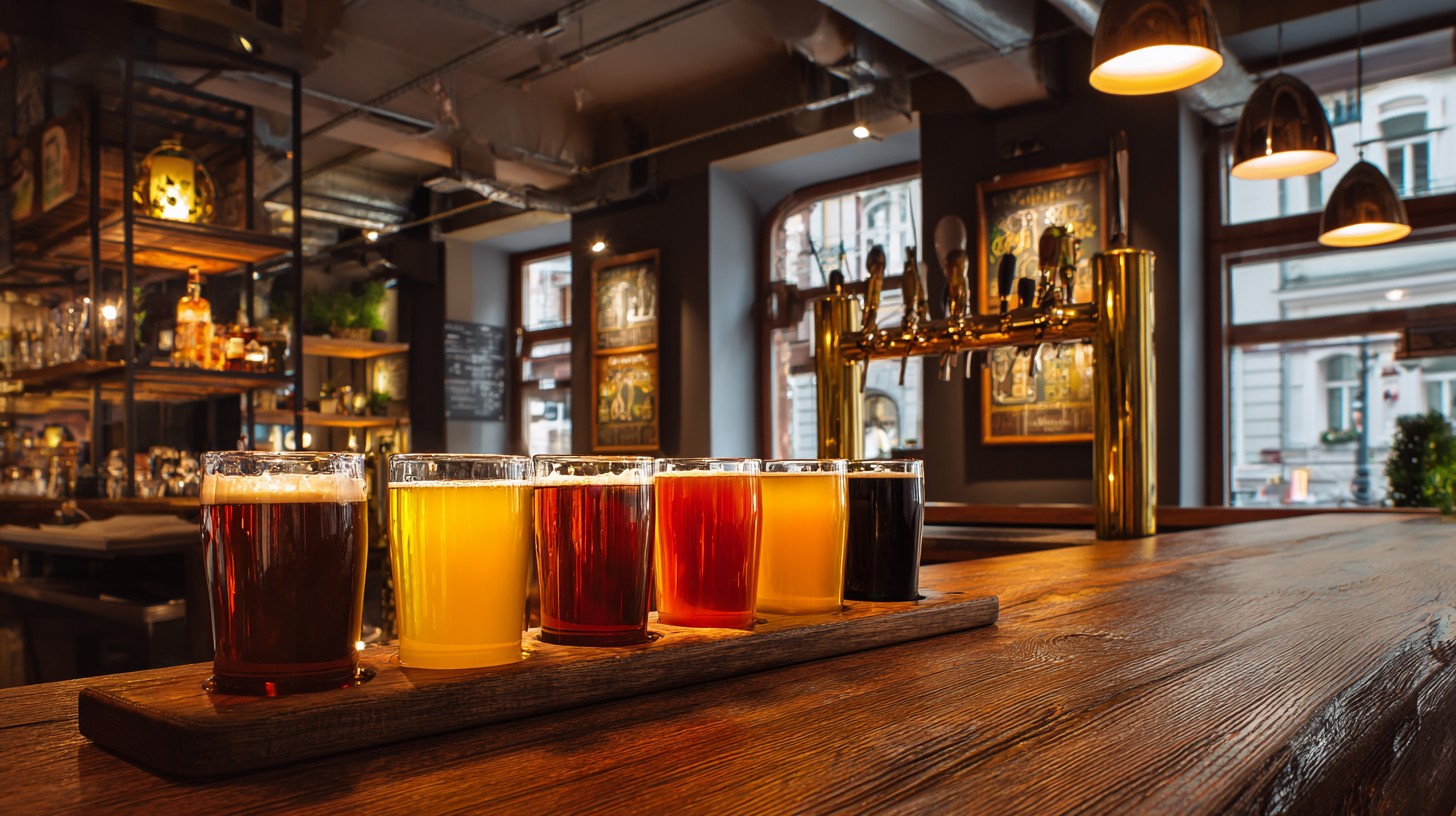 Modern Prague craft beer bar with a flight of craft beer samples