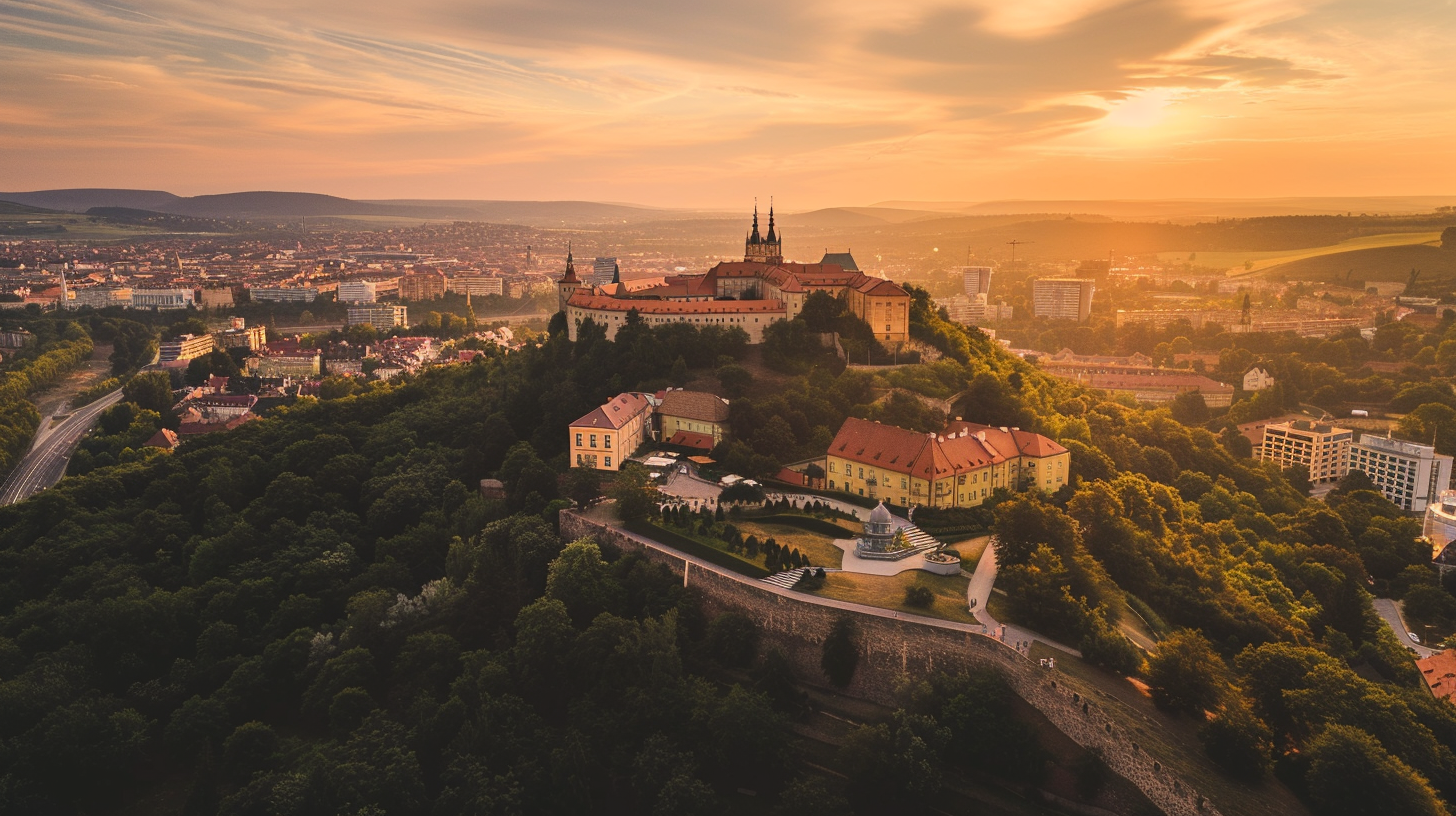Špilberk Castle overlooking Brno at sunset — historic fortress and city landmark