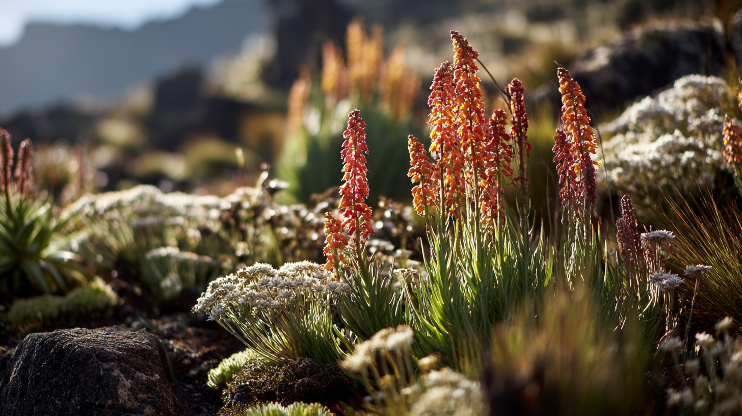 Afro-alpine plants including giant lobelia and everlasting flowers in Ethiopia’s highlands.