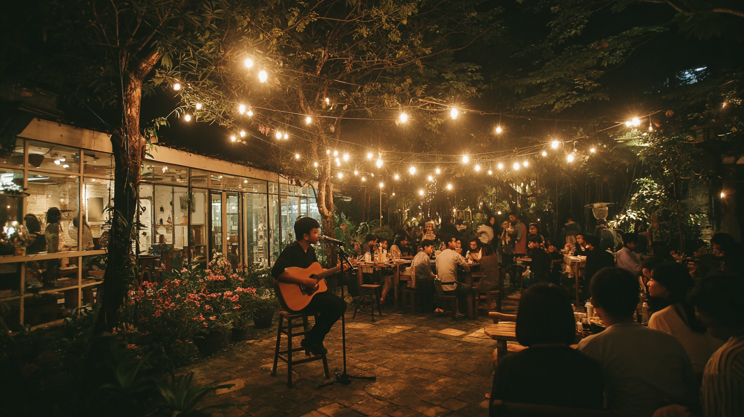 Acoustic evening in a cozy Bandung café with warm lights.