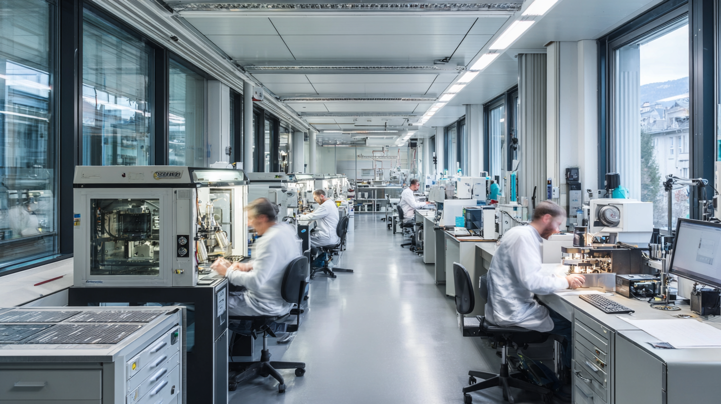 Modern watchmaking lab in Bienne combining high-tech equipment and traditional craftsmanship.