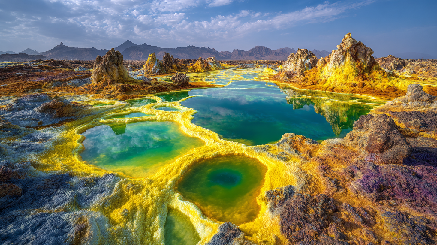 Colorful sulfur pools and salt formations in Ethiopia’s Danakil Depression.