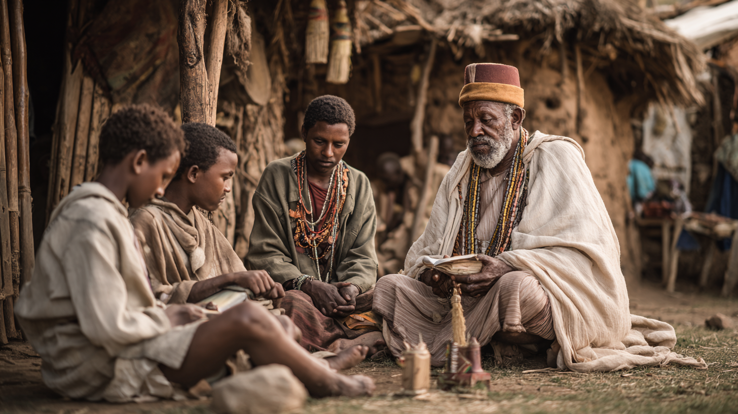 Elders teaching traditional cultural skills to young people in Ethiopia.