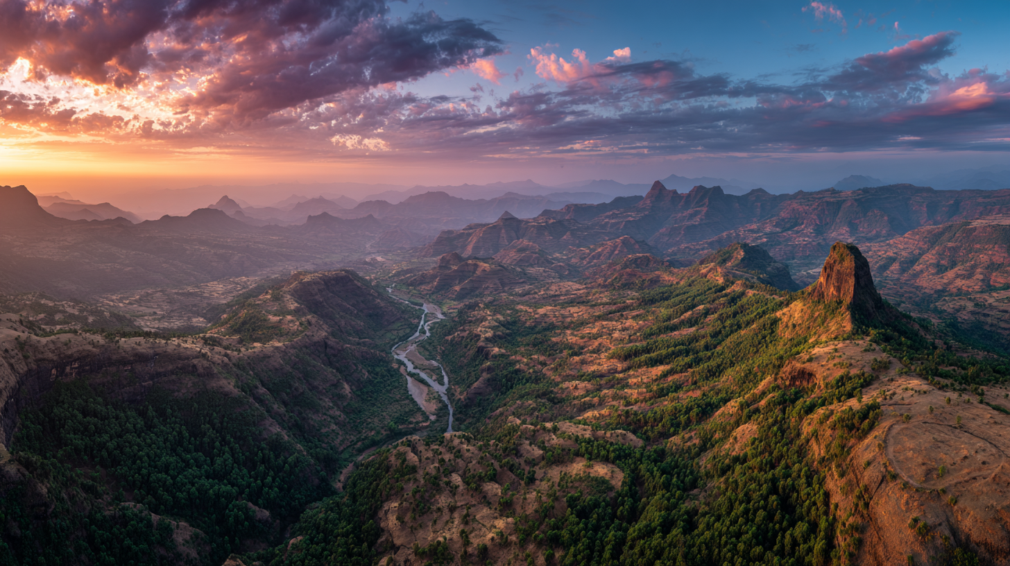 Sunset panoramic view combining Ethiopia’s diverse natural landscapes. Ethiopia natural wonders featuring the Simien Mountains and native wildlife such as the gelada monkey.