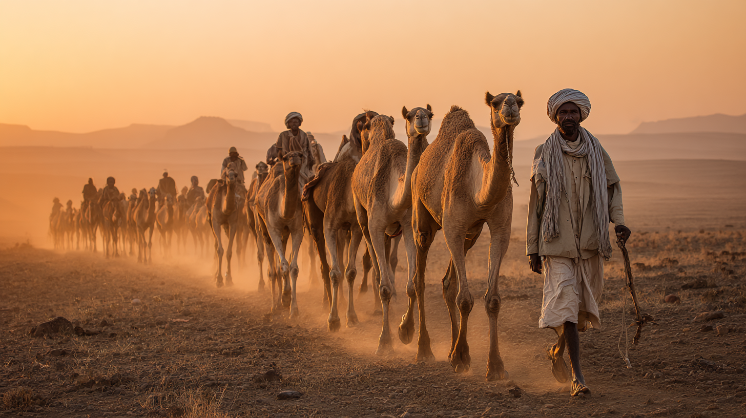 Ethiopian pastoralists guiding livestock across rugged natural landscapes.