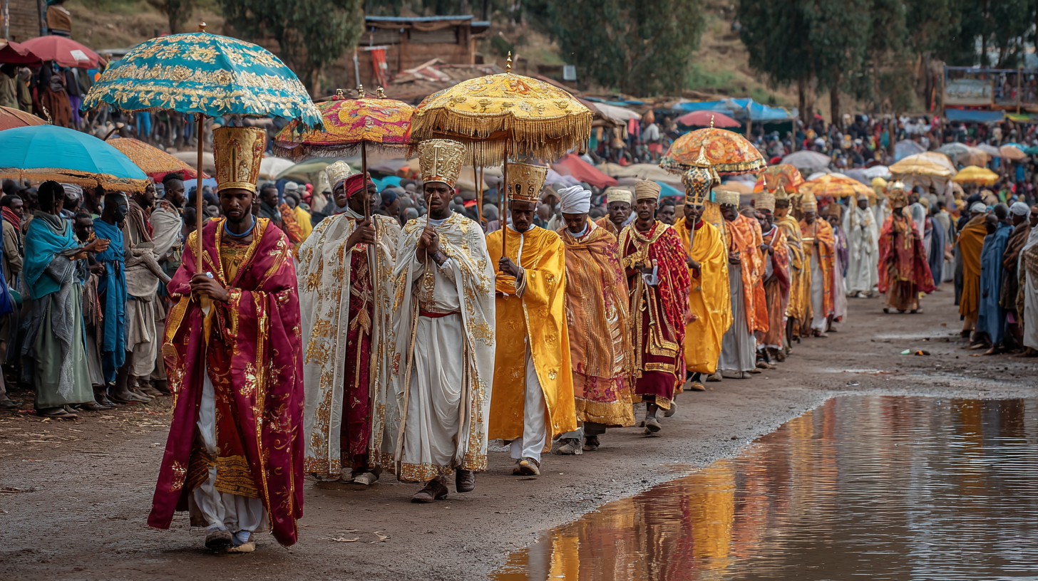 Timkat festival procession in Ethiopia with priests, umbrellas, and crowds.