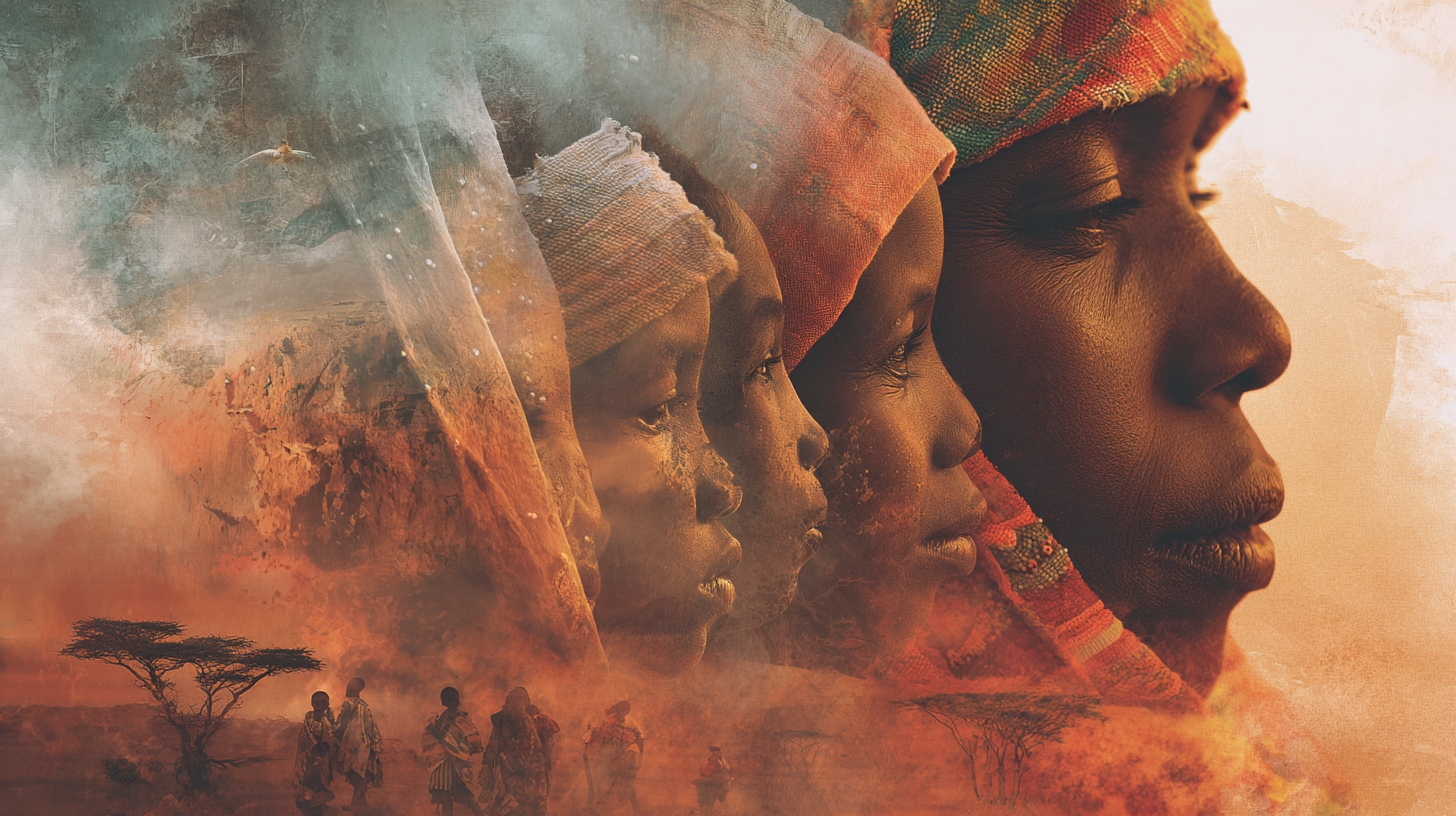 Panoramic symbolic scene combining Ethiopia’s tribal cultures and landscapes. Ethiopian tribes represented through traditional clothing, rituals, and cultural expression.