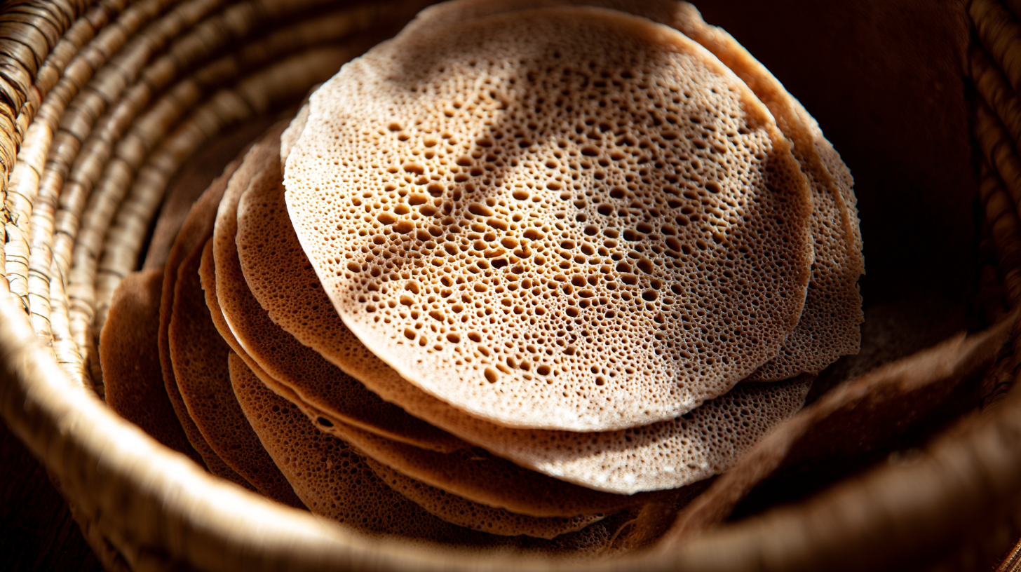 Close-up of Ethiopian injera showing its spongy, fermented texture.