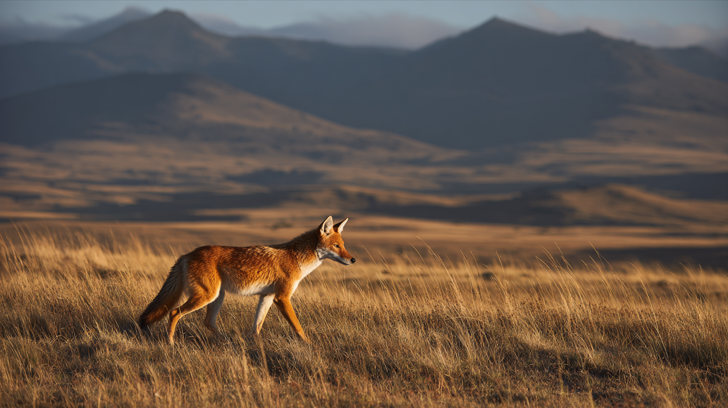 An Ethiopian wolf walking across the high-altitude Sanetti Plateau.