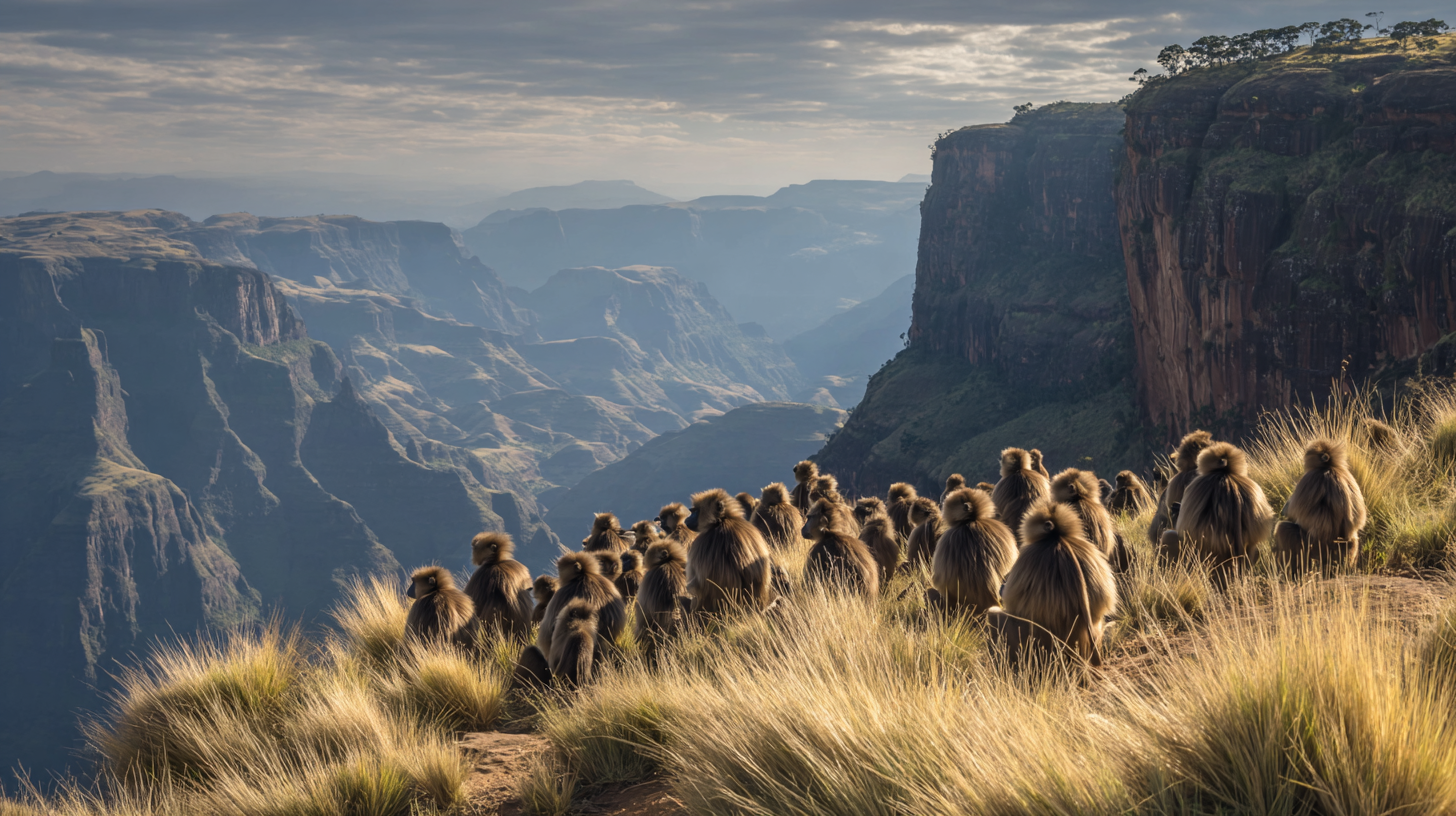 A troop of gelada monkeys on steep Ethiopian cliffs with grassland backdrop.