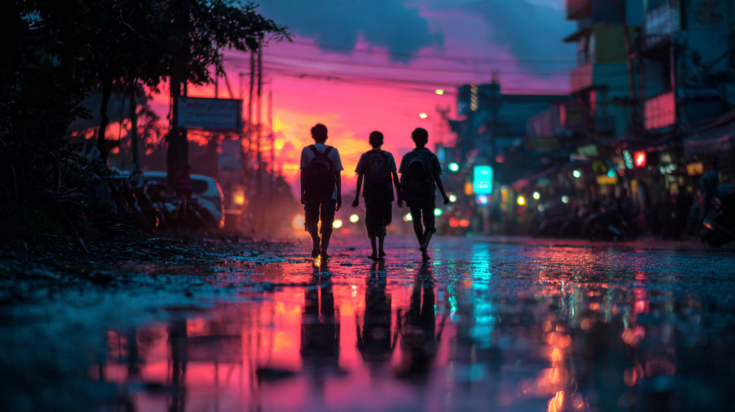 Three Indonesian friends walking at twilight in a neon-lit street.