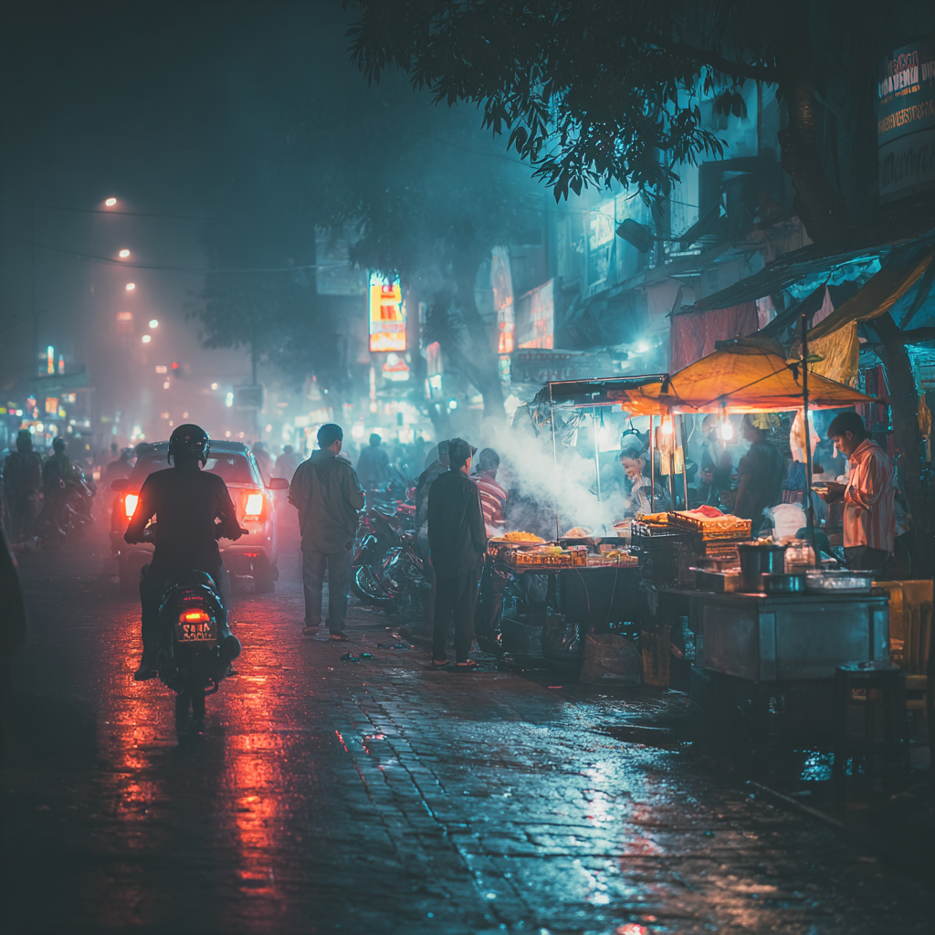 A neon-lit Indonesian street at night with people, food stalls, and motorbikes.