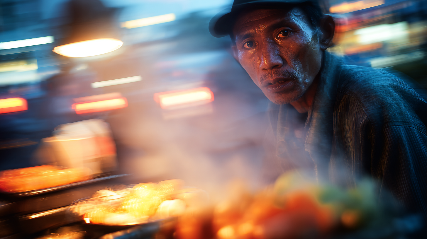 Indonesian cities street scene at dusk with vendors and neon lights