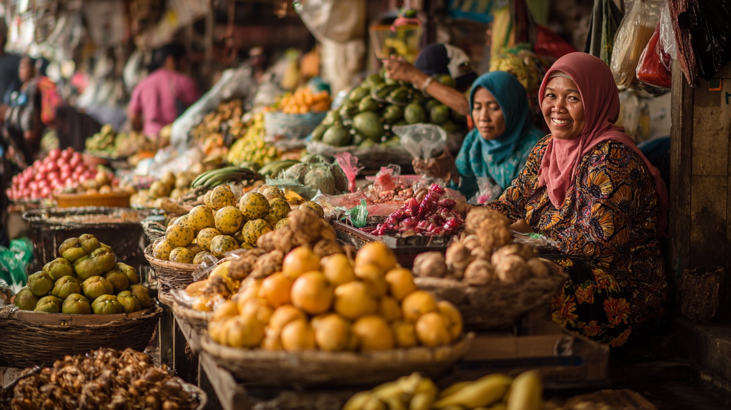 Morning market in Indonesia with vendors and colorful produce.
