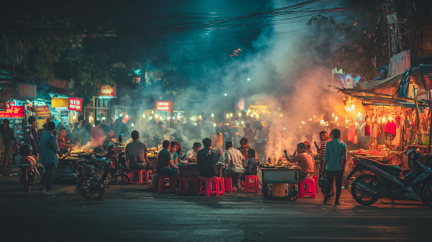 A vibrant Indonesian night market with food stalls and people.