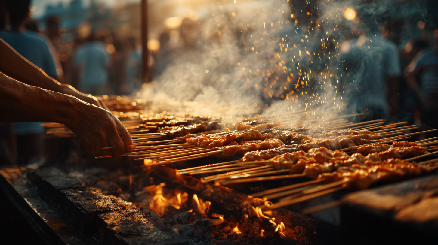 Close-up of Indonesian satay grilling over hot coals.