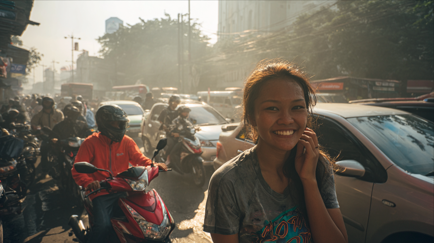 A bustling Jakarta street with motorbikes and warm city atmosphere.