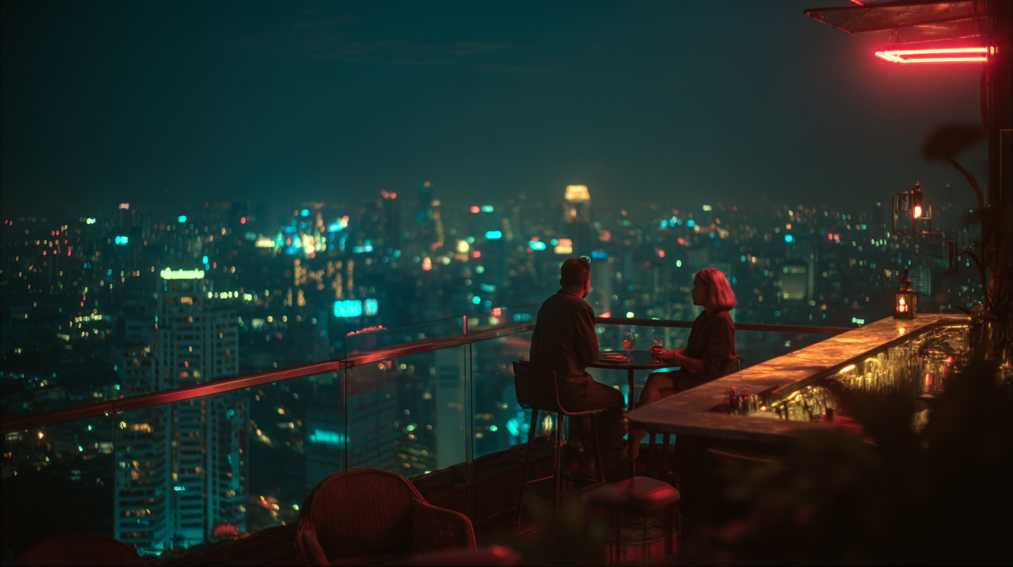 Rooftop nightlife scene overlooking illuminated Jakarta skyscrapers.