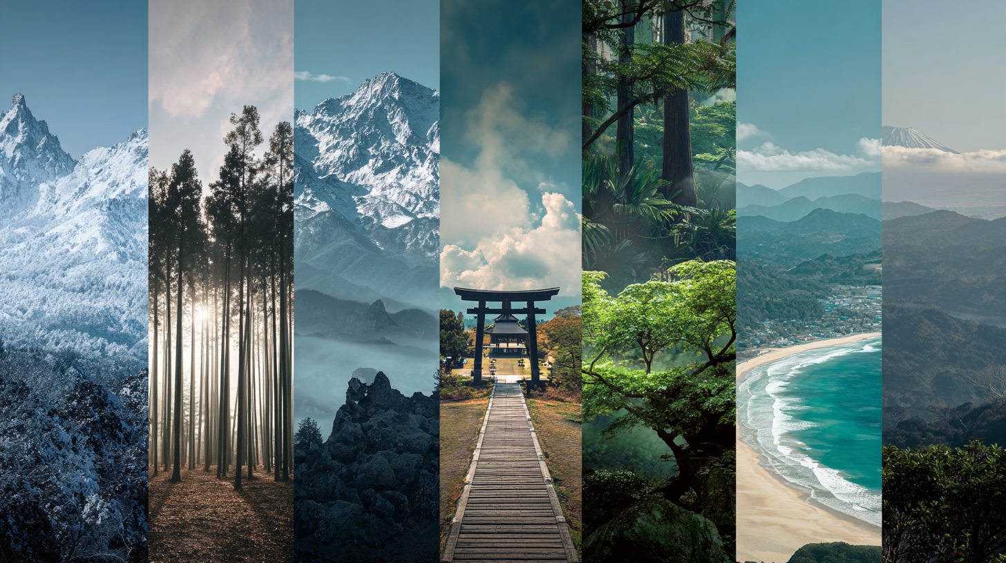 Diverse Japanese landscapes showcasing mountains, forests, and coastlines — a vivid expression of Japan’s natural beauty.