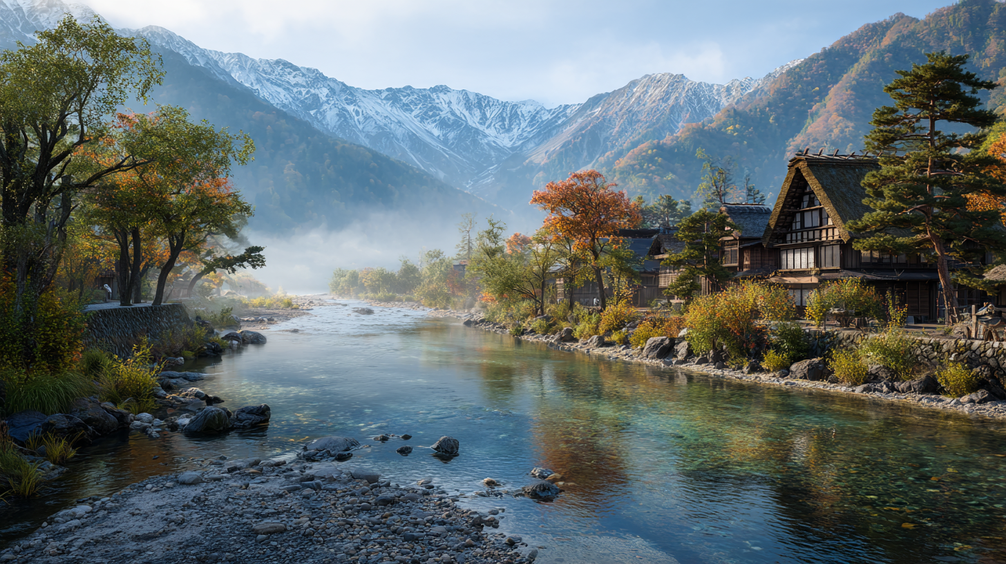 Scenic view of the Japanese Alps and Kamikōchi valley, featuring rivers, peaks, and traditional Shirakawa-go architecture