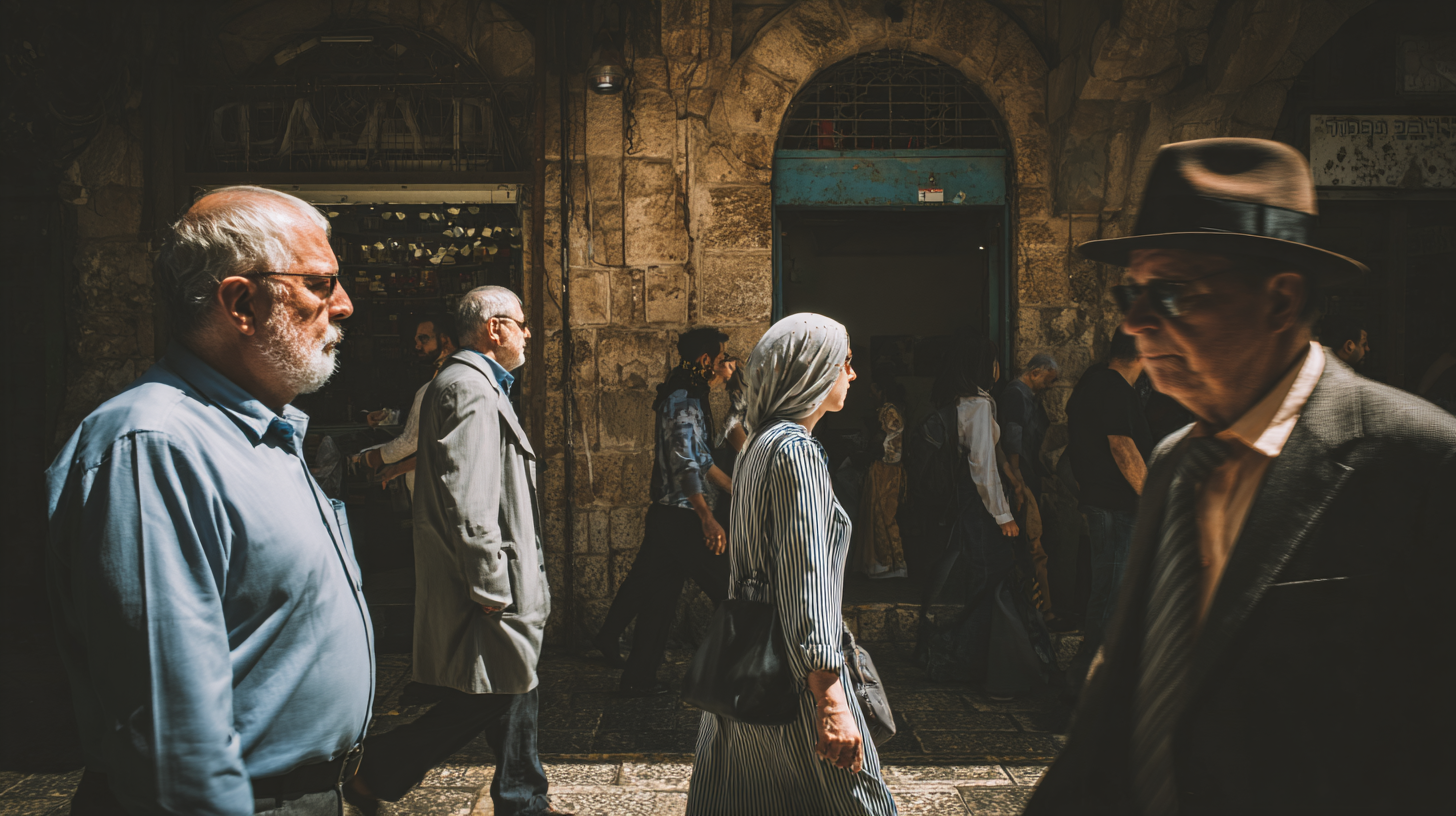 People of different cultures walking together through a historic street in Jerusalem’s Old City.