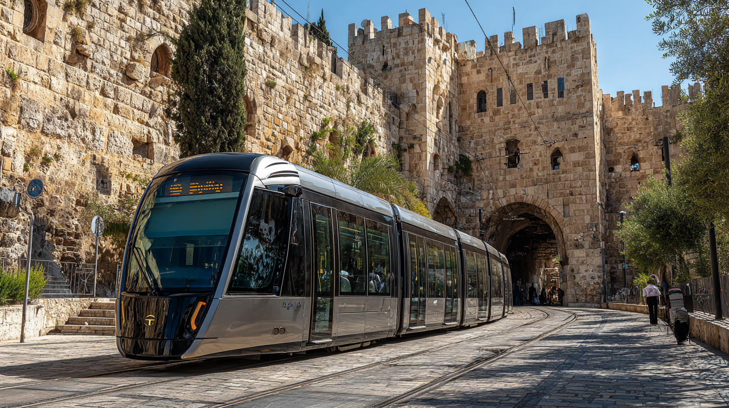 Modern Jerusalem tram passing historic stone walls, showing the mix of ancient heritage and modern life.
