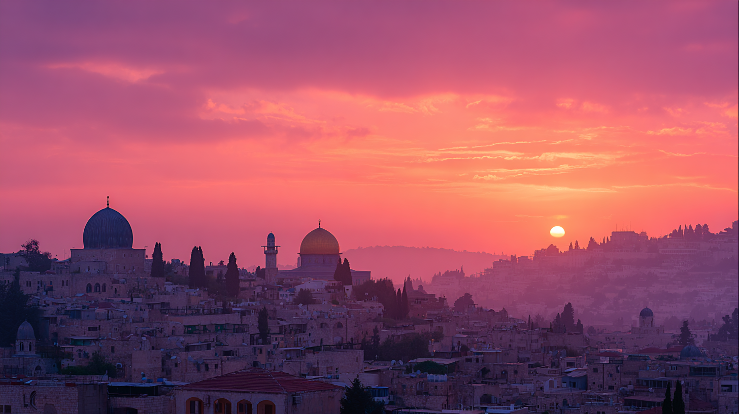 Sunset over Jerusalem’s hills with warm colors and silhouettes of historic domes and rooftops.