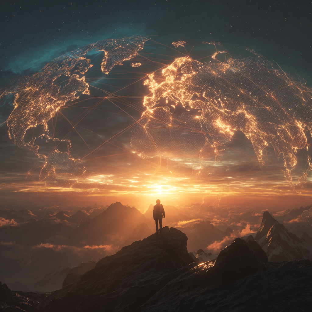 AI-powered travel blog visualization showing a traveler connected to a glowing world map representing global adventures and intelligent exploration.