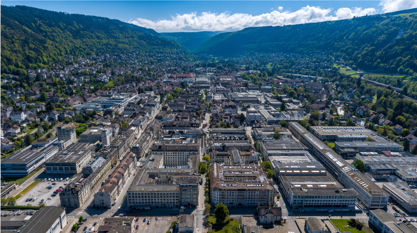La Chaux-de-Fonds city grid with watchmaking workshops and Jura Mountain views.