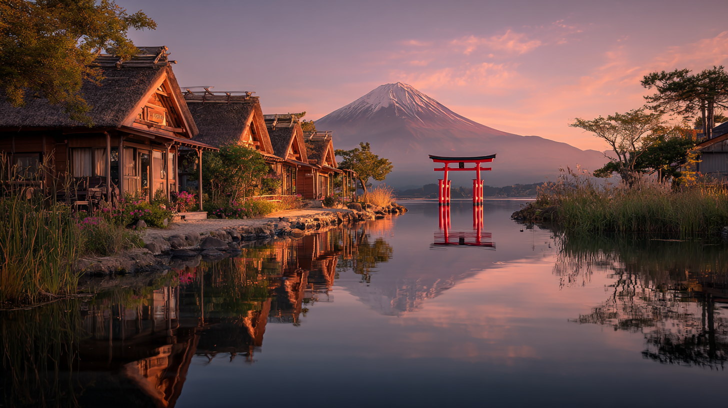 Mount Fuji reflected in the Fuji Five Lakes at sunrise, one of the most iconic scenes of Japan’s natural beauty.