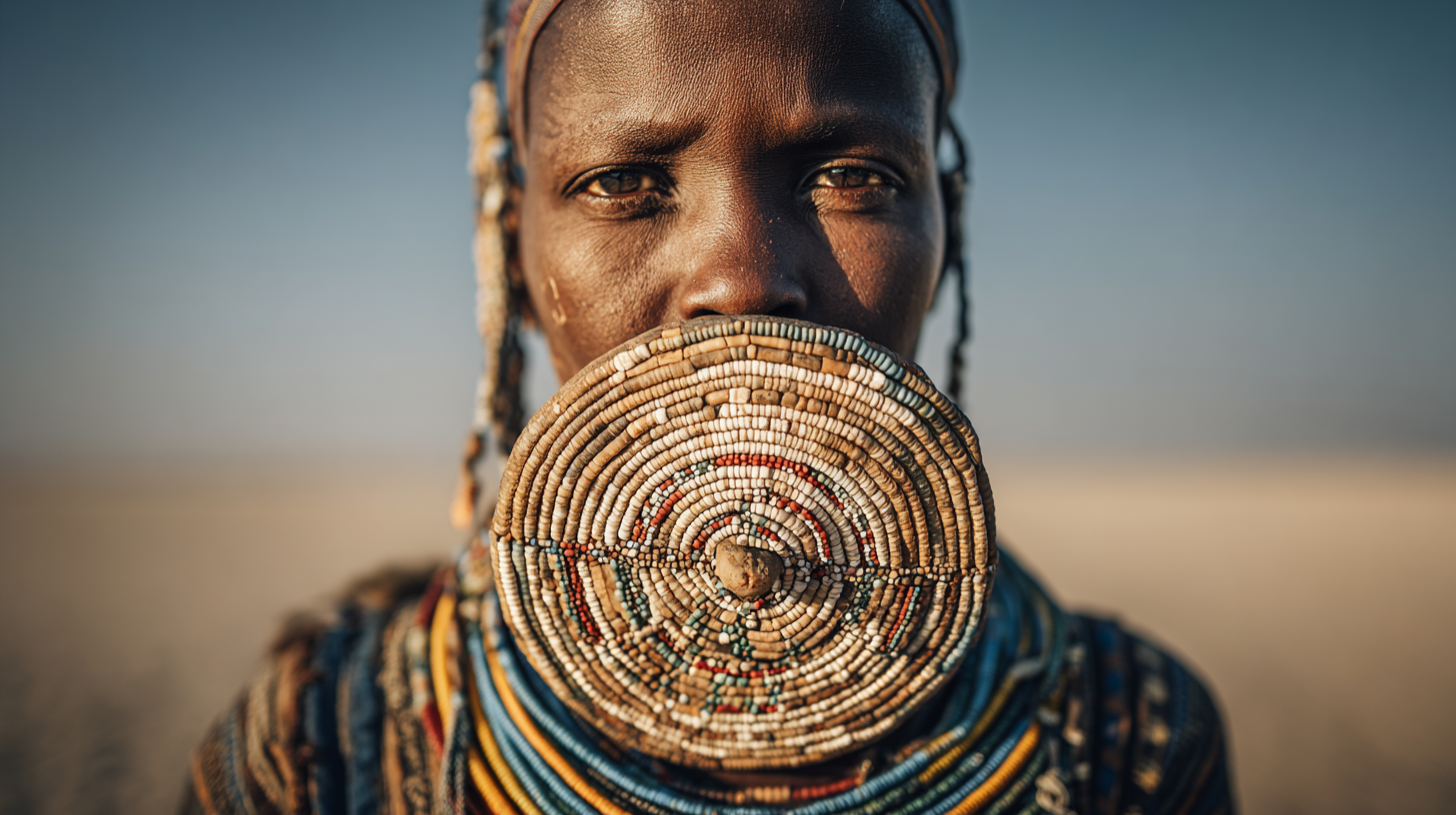 A Mursi woman wearing a traditional lip plate and cultural adornments.