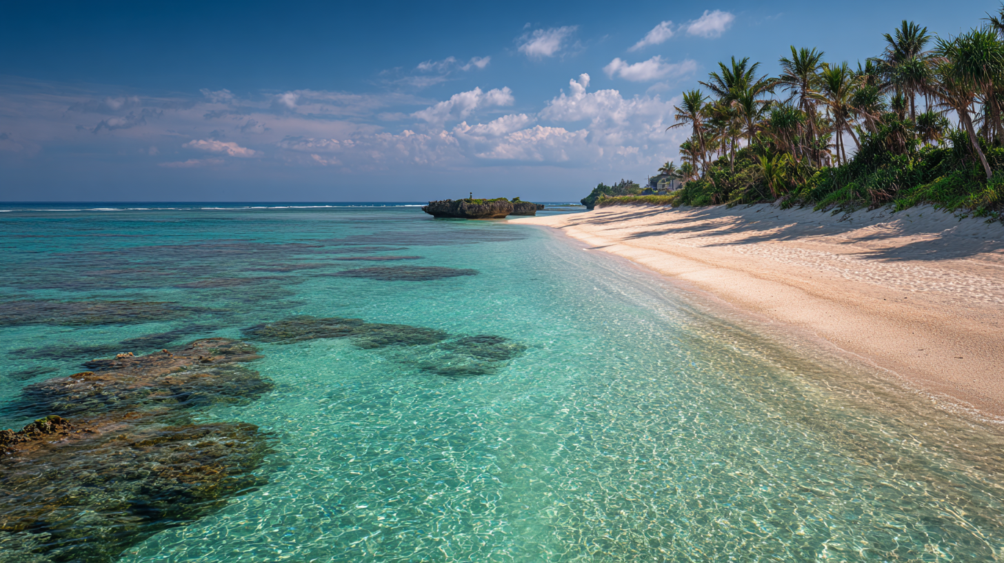 Tropical coastline of Okinawa with turquoise waters, coral reefs, and white-sand beaches.