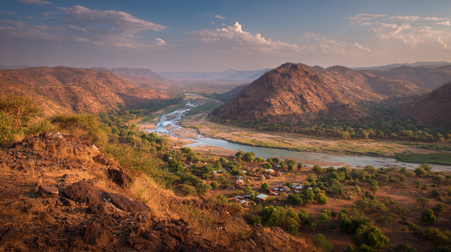 Panoramic landscape of Ethiopia’s Omo Valley with traditional villages and natural scenery.