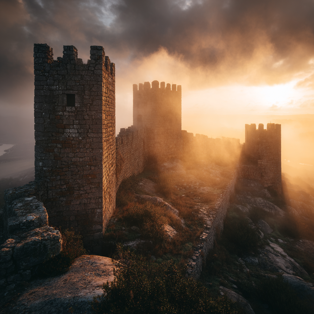 Castle silhouette surrounded by sunrise mist in Portugal.