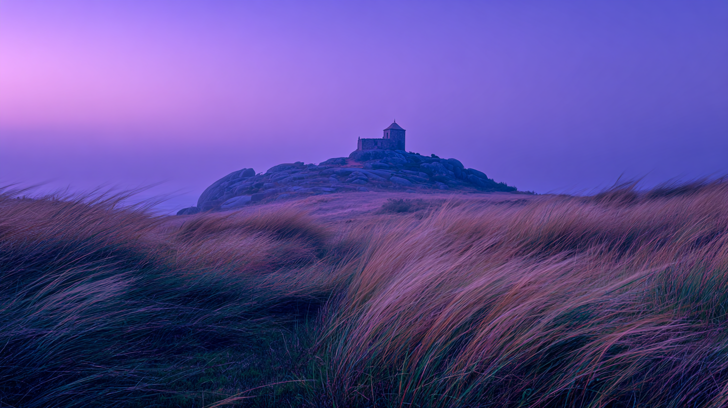 Castle on a ridge at twilight with soft fading light.