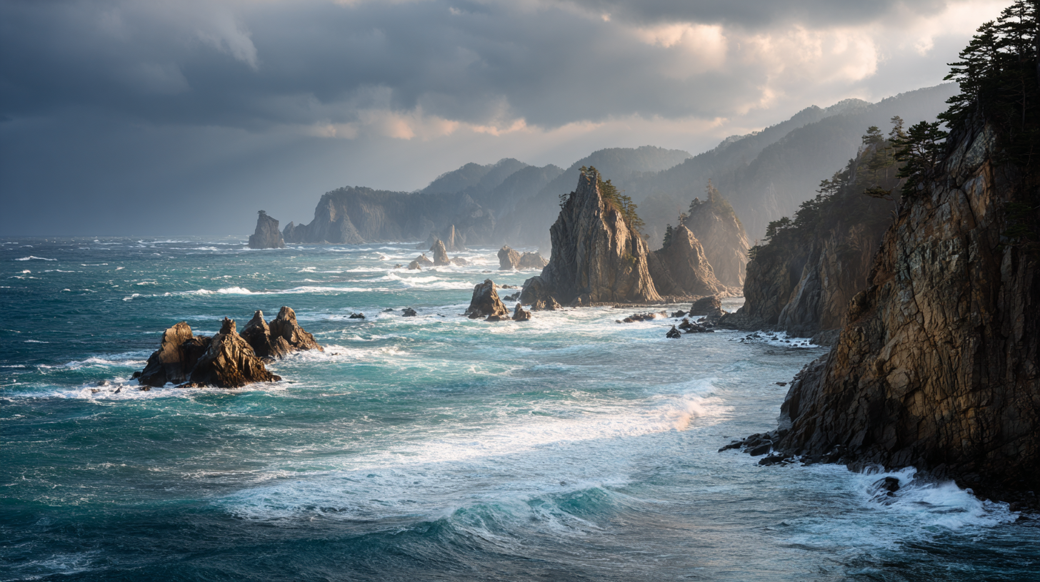 Dramatic cliffs and powerful waves along the Sanriku Coast, showcasing Japan’s rugged northern shoreline.