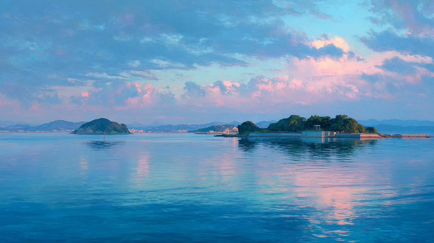 Seto Inland Sea with peaceful islands and soft sunset colors, capturing Japan’s coastal serenity.
