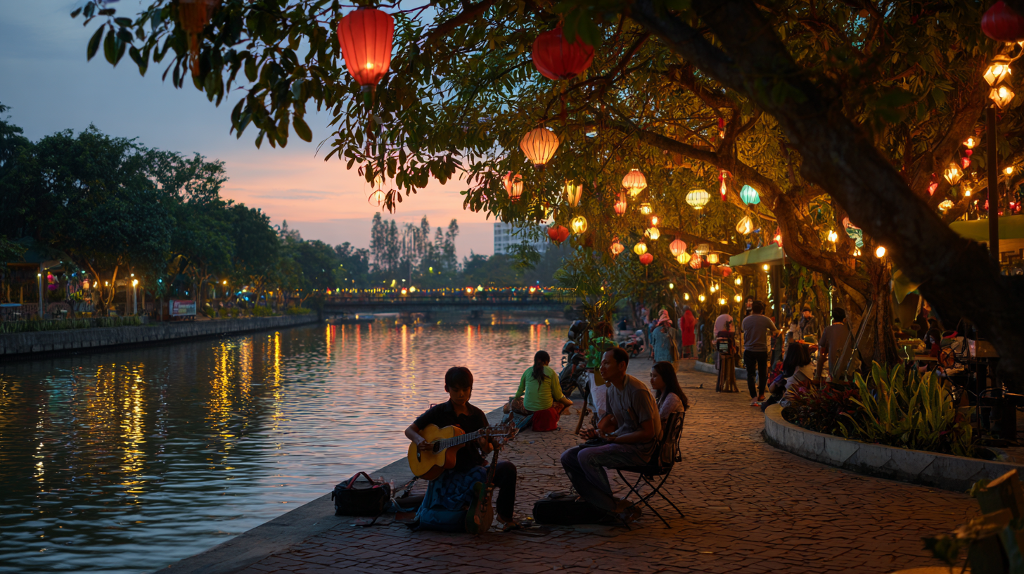 Surabaya riverside at dusk with lanterns and people strolling.