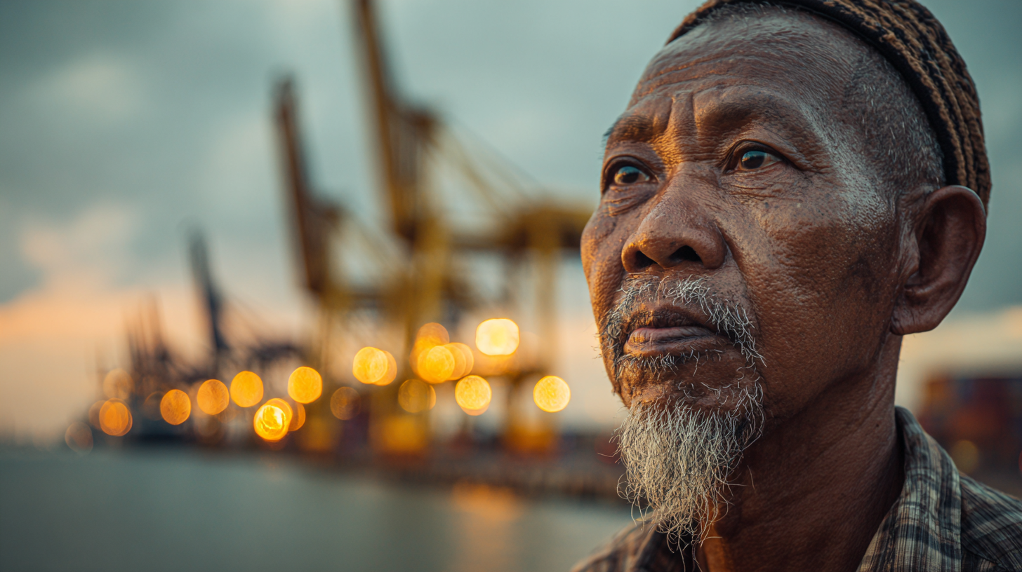 Portrait of a Surabaya resident at the port during sunset.