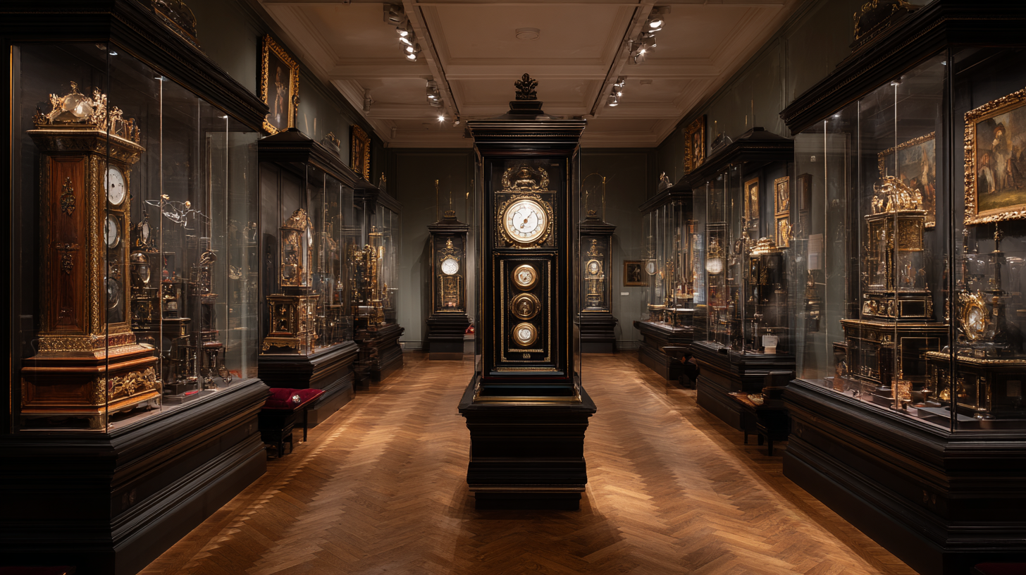 Display of antique Swiss timepieces and horological artifacts in a museum.