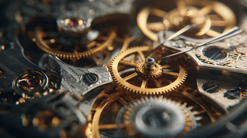 A detailed macro composition showing Swiss watchmaking components and craftsmanship.