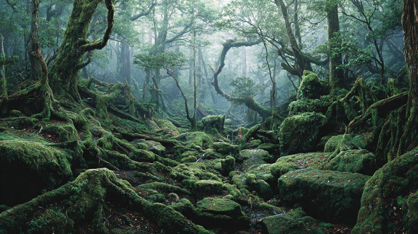 Ancient cedar forest in Yakushima with moss-covered roots and misty trails, representing Japan’s deep natural heritage.