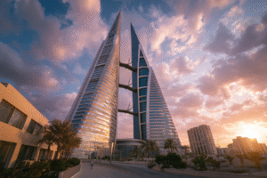 Cinematic view of the Bahrain World Trade Center at sunset