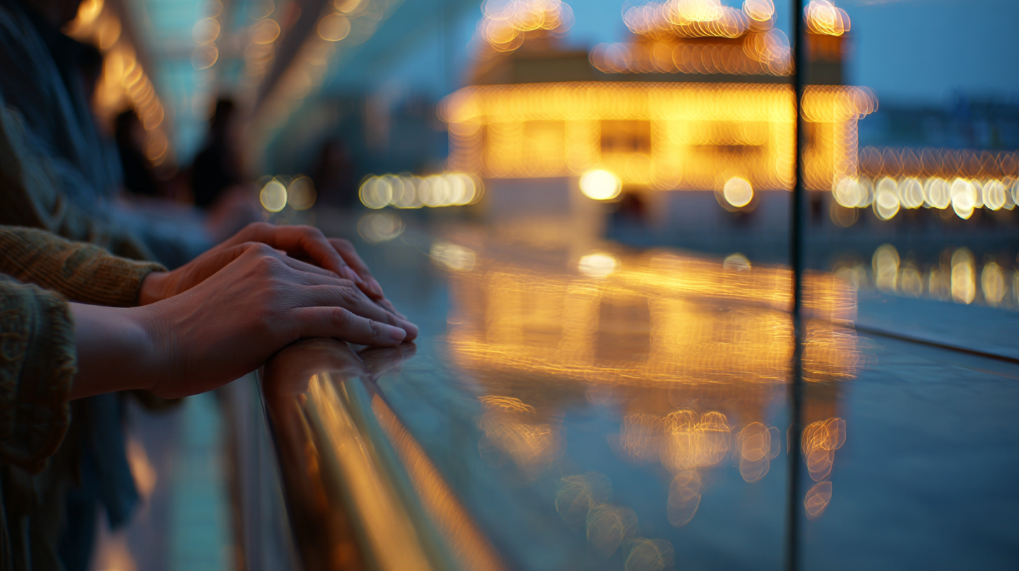 Close-up of reflective skyscraper glass with temple reflection.